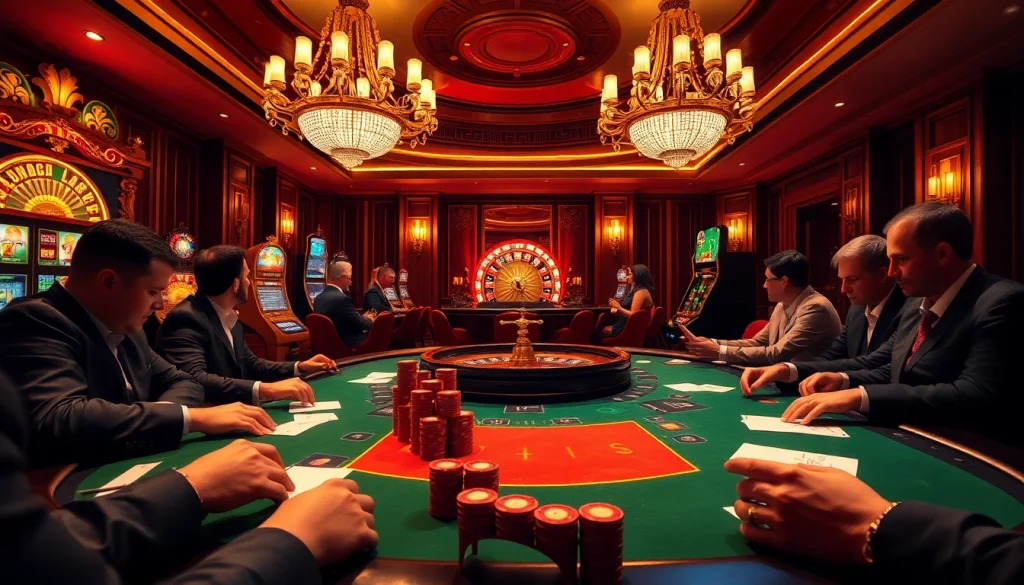 Players enjoy the vibrant Superbet casino atmosphere with poker tables and slot machines.