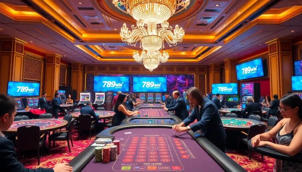 Exciting gambling scene at 789win featuring blackjack, roulette, and poker tables.