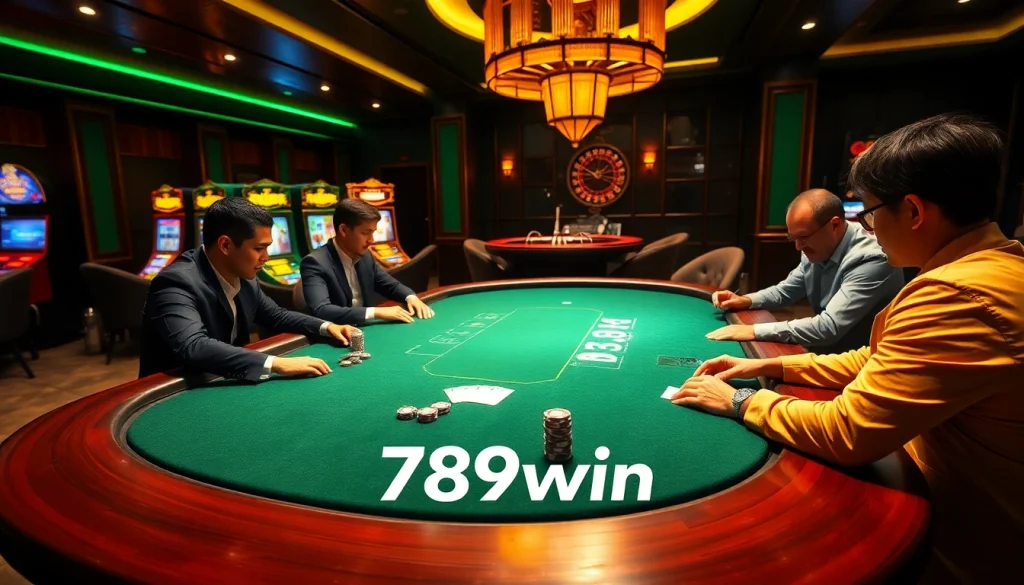 Players enjoy intense poker games at a lavish casino table, emphasizing 789win's exciting gambling experience.