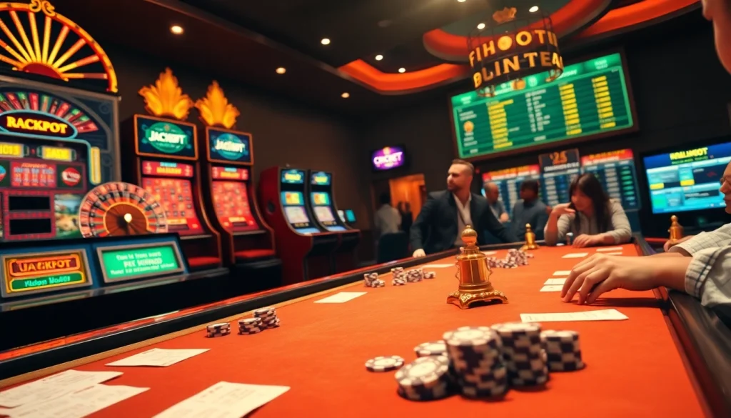 Khela88 players enjoying an exciting night at a luxurious casino with roulette and slot machines.