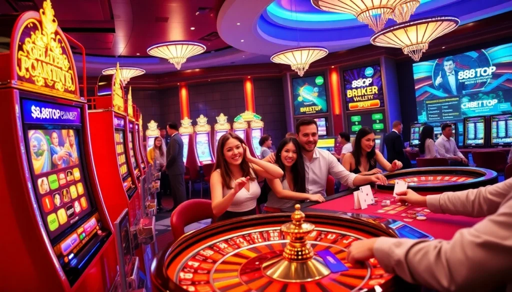 Engaging casino scene illustrating players at 888TOP gaming tables with slot machines and roulette wheels.