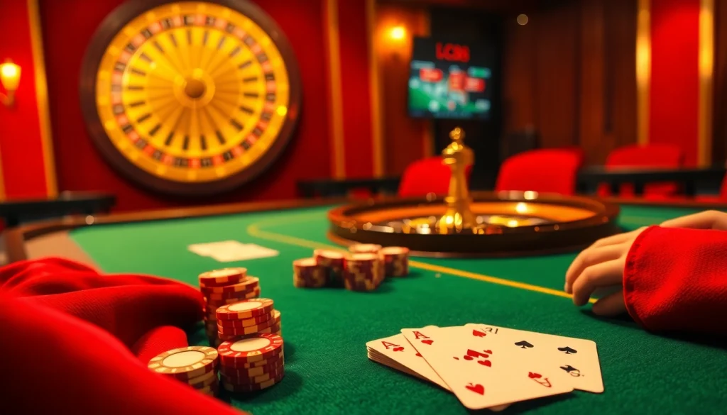Experience the thrill of Lc88 gaming at a luxurious casino table with vibrant poker chips and cards.