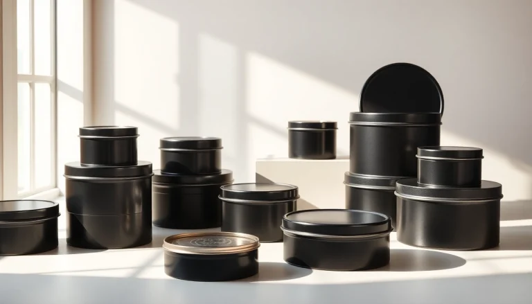 Elegant assortment of black tins showcasing various designs and finishes, ideal for packaging and storage.