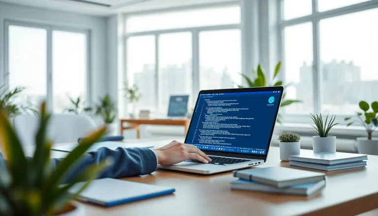 HelloWorld software interface showcased in a modern workspace, promoting efficient multi-language communication.