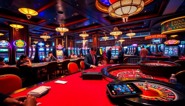 Experience luxury gambling at Vmax with sophisticated poker tables and glowing slot machines.