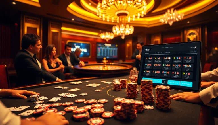 KJC players engaging in an exciting poker game with lavish casino decor.