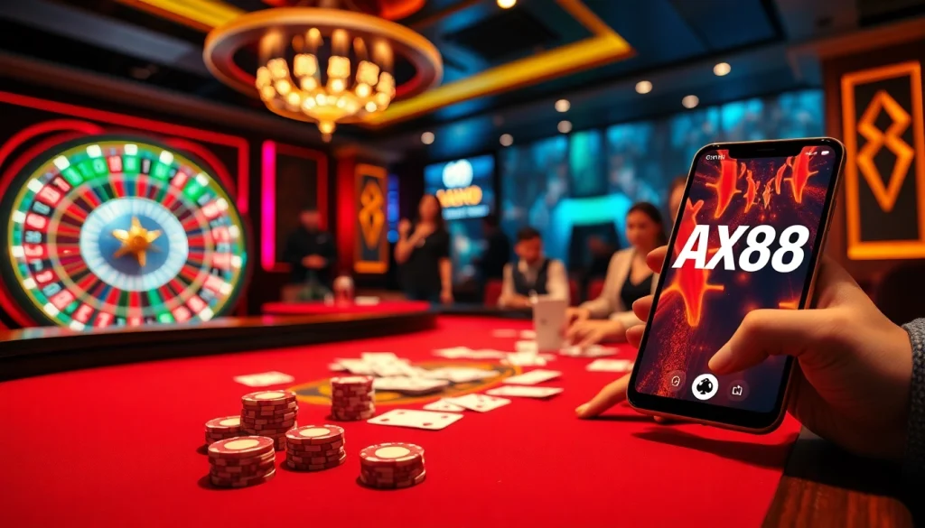 Players engage in a thrilling poker game at AX88 casino, showcasing excitement and luxury.