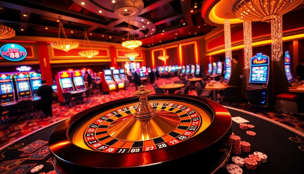 Experience the excitement of winning at RR 88 in a luxurious casino setting with poker tables and roulette wheels.