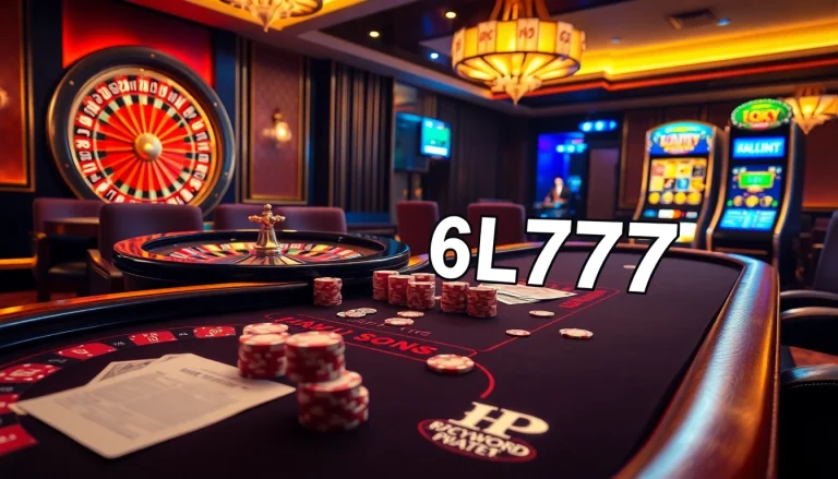 The excitement of 6L777 showcased with a luxurious casino scene featuring poker chips, cards, and a roulette wheel.