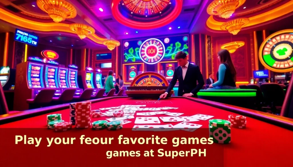 Play your favorite games at SuperPH with a vibrant casino scene featuring poker, slots, and roulette.