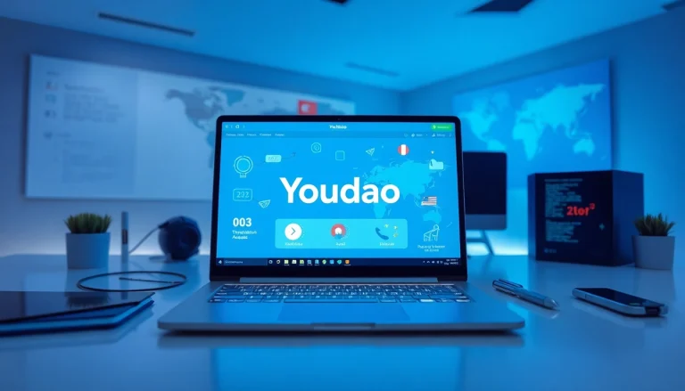Youdao翻译 AI translation tool displayed on a modern laptop in a professional workspace