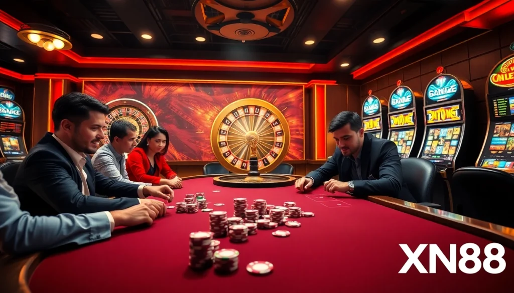 Players enjoying a high-stakes game at XN88 casino, showcasing thrilling poker action and vibrant slot machines.