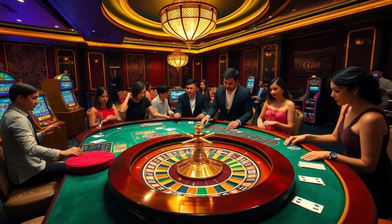 Engaging casino scene at GG88 with lively gambling activity, showcasing a roulette table and poker chips.