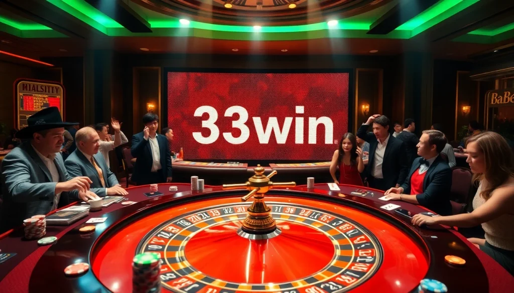 Experience the thrill of gaming with 33win at a luxurious casino featuring roulette and poker.
