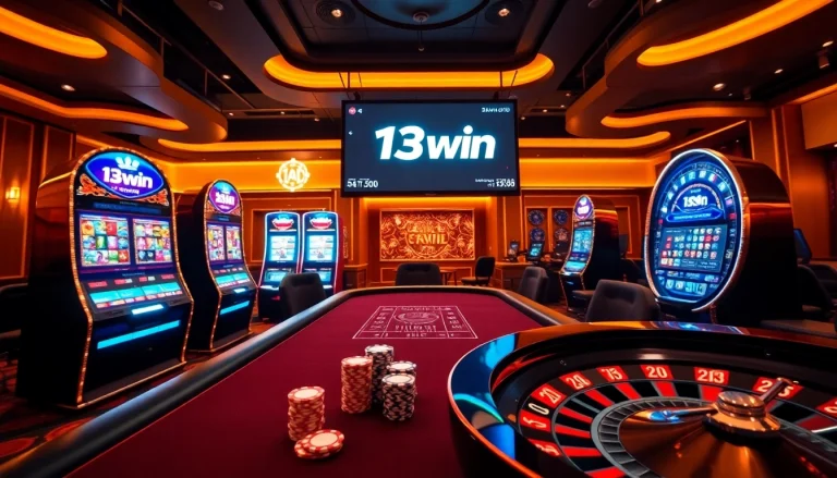 Experience the thrilling atmosphere of 13win with colorful slot machines and poker tables.