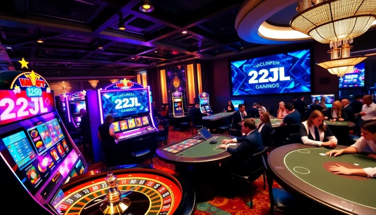 Experience the thrill of 22JL gaming with vibrant casino tables and high-tech interfaces.