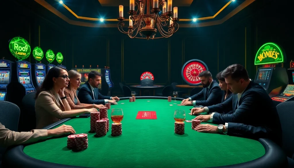 Players engaging in a thrilling poker game at Roo99 Casino, surrounded by vibrant chips and luxury.