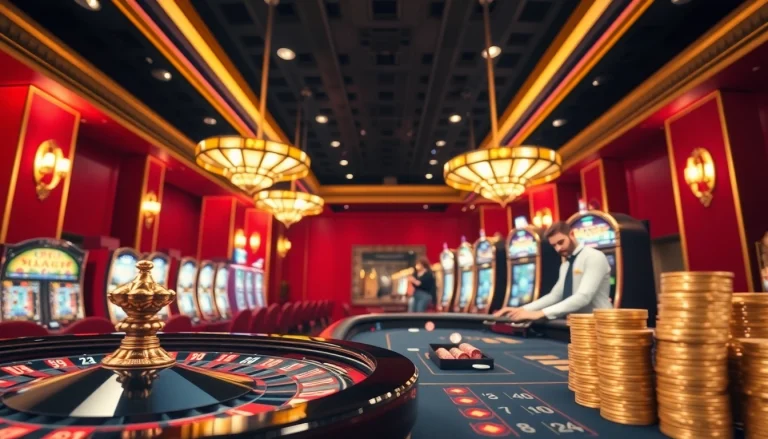 Experience the thrill of bet88 with a vibrant casino scene showcasing games like blackjack and roulette.