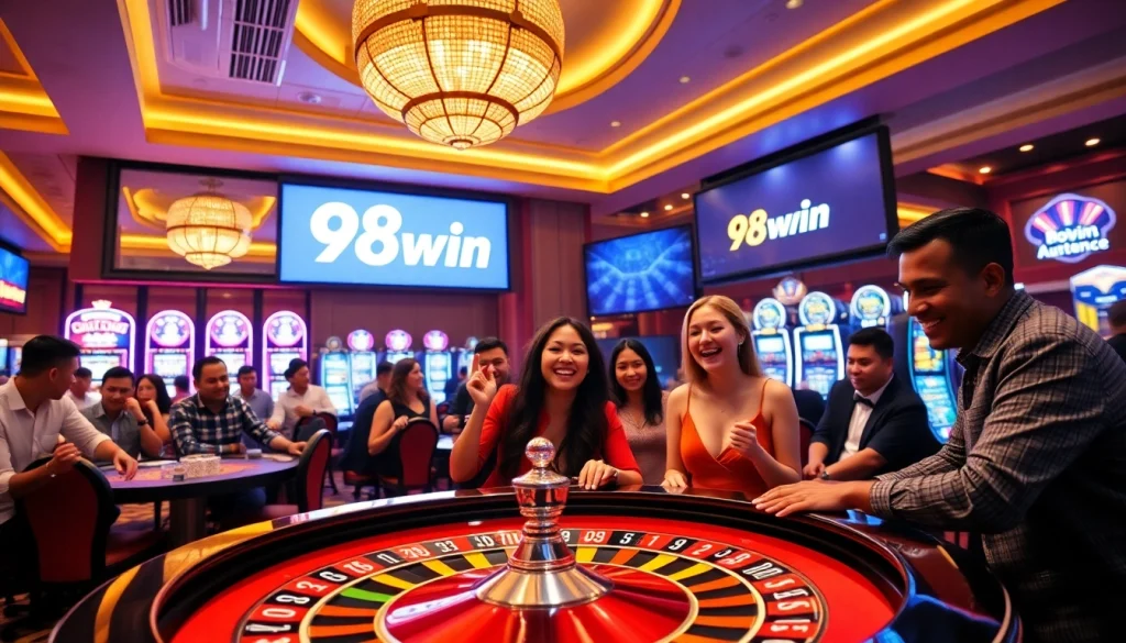 Players enjoying various games at 98win casino with bright lights and excitement.