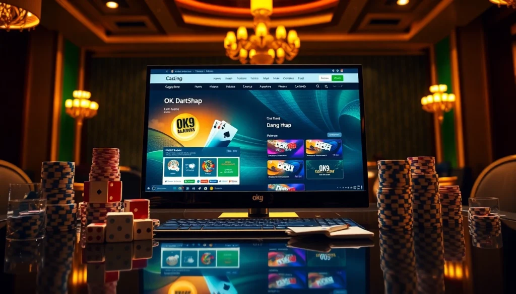 OK9 Dang Nhap displayed on a computer screen surrounded by luxurious casino elements like chips and cards.