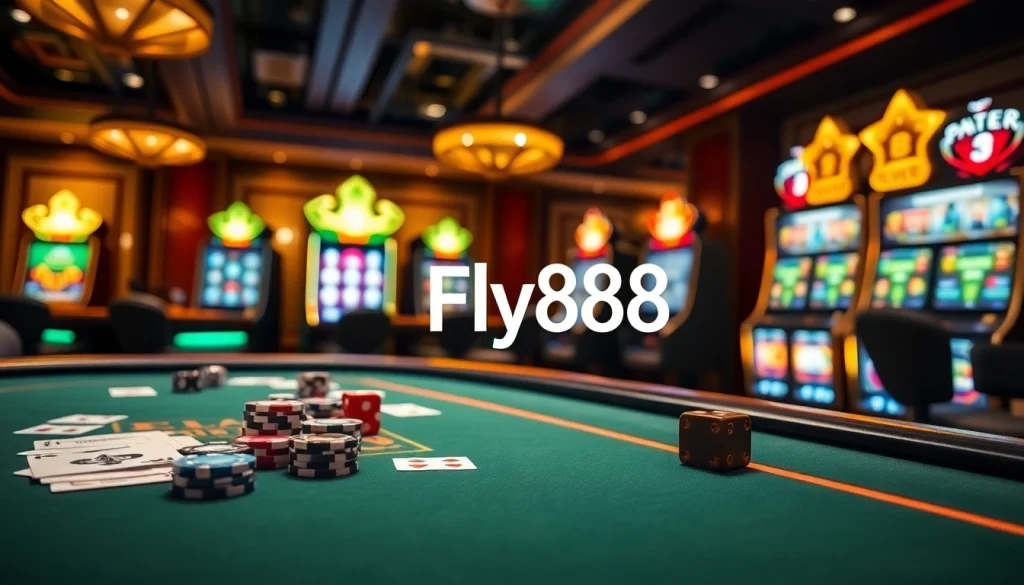 Experience thrilling gambling action with Fly88 at a luxurious casino table surrounded by exciting gaming elements.
