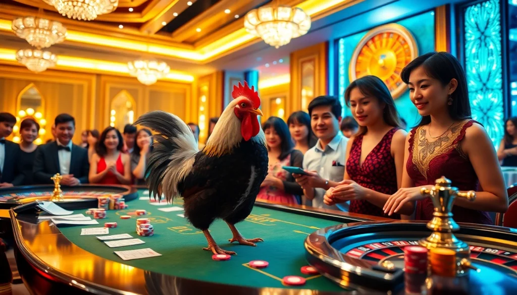 Exciting Đá Gà Thomo BJ888 match attracting enthusiastic spectators in a luxurious casino.