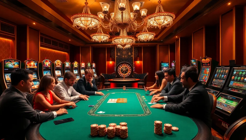Players enjoy poker at Hi88, with vibrant casino elements like chips and roulette in a luxe setting.