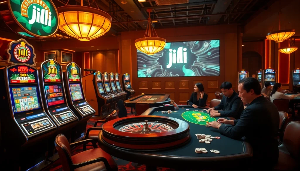 Players enjoying a thrilling casino experience at JILI with immersive slot machines and poker tables.