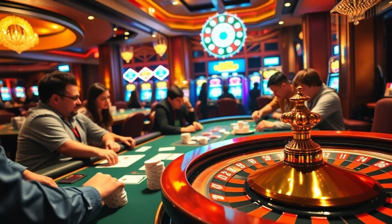 Experience the thrill of mm88 in a vibrant casino filled with poker tables, roulette wheels, and slot machines.