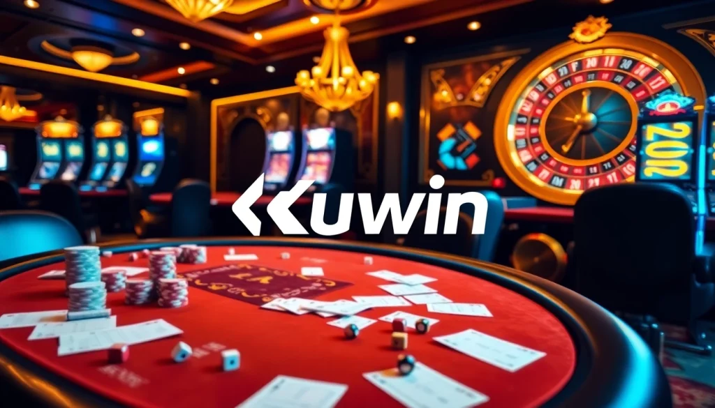Kuwin online gambling site showcasing an elegant casino table with poker chips and cards during an exciting game.