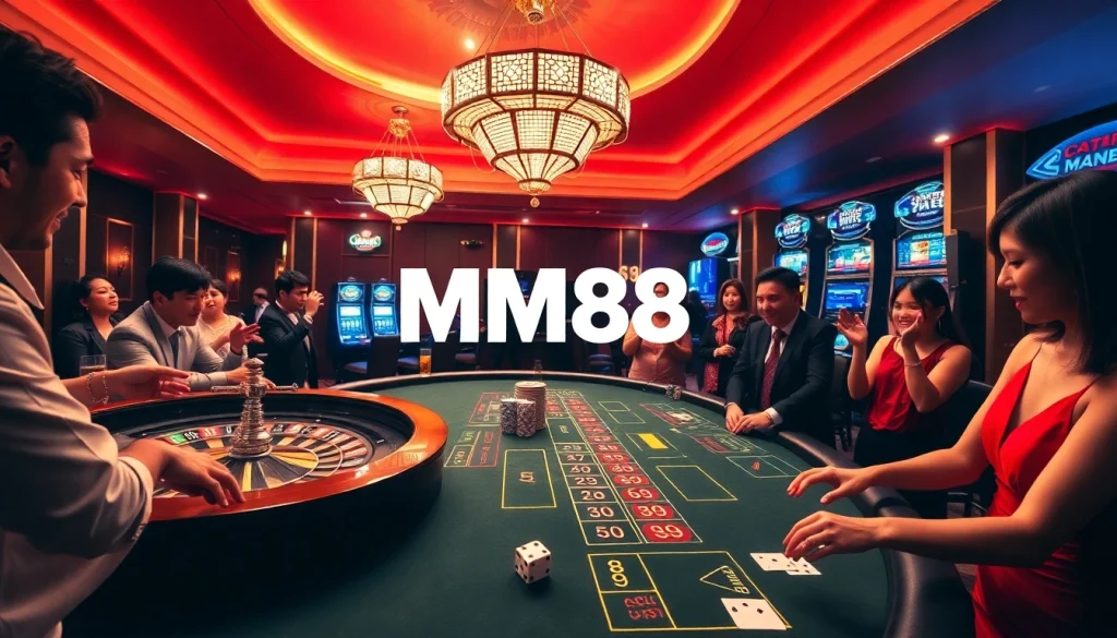 MM88 casino scene showcasing thrilling gambling action with roulette wheel and poker players.