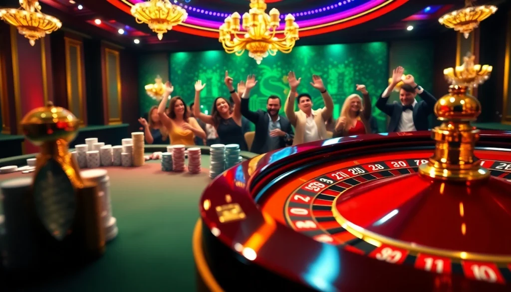 This dynamic casino scene showcases excitement in gambling at https://88clb.courses/ with a roulette wheel and poker chips.