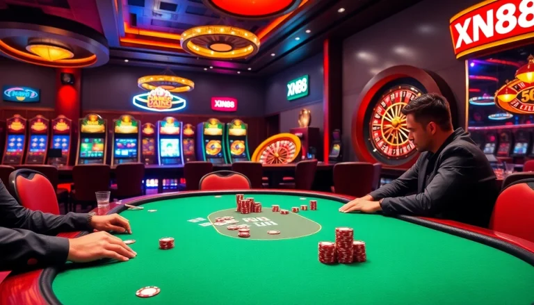 Experience thrilling gaming at XN88's rich casino environment, showcasing poker, slots, and roulette in vibrant detail.