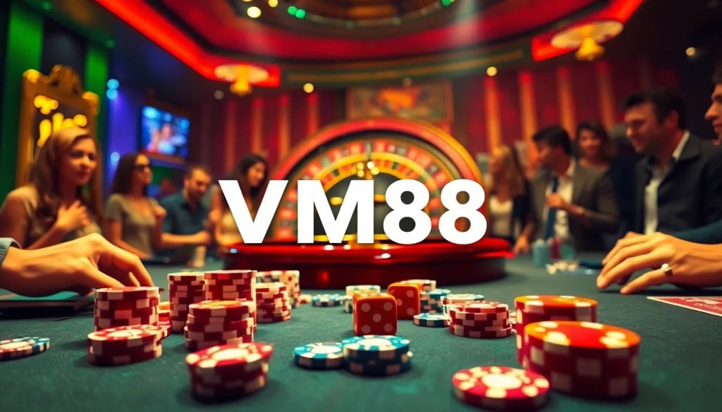 Players engaging in high-stakes gambling at VM88 Casino, featuring vibrant tables and professional atmosphere.