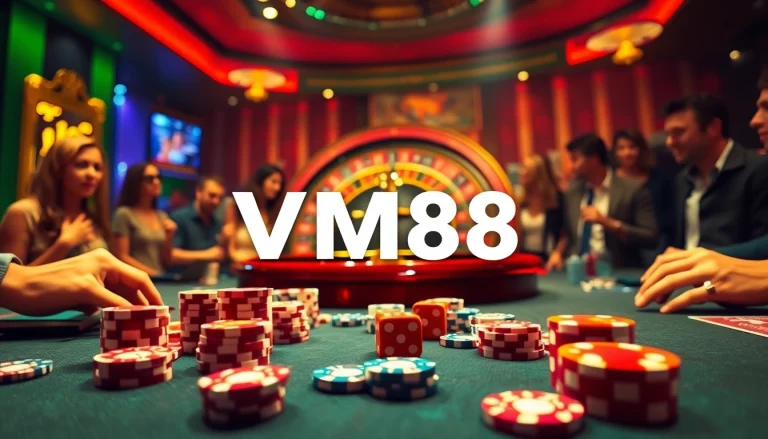 Players engaging in high-stakes gambling at VM88 Casino, featuring vibrant tables and professional atmosphere.