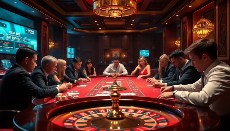 KJC gaming table filled with poker chips and dice, showcasing a luxurious casino experience.