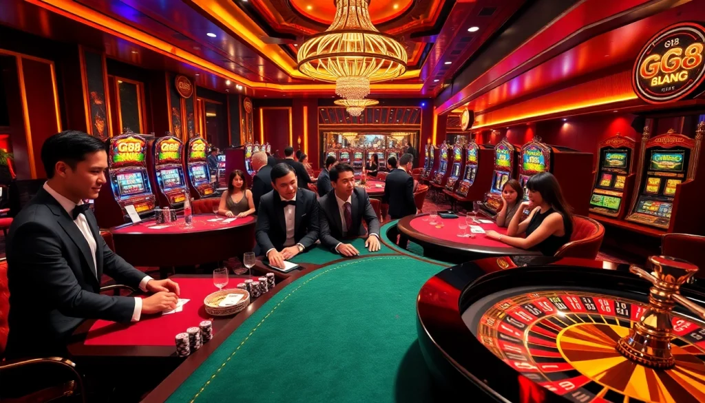 Experience the excitement at GG88 casino with players engaged in thrilling games and vibrant decor.