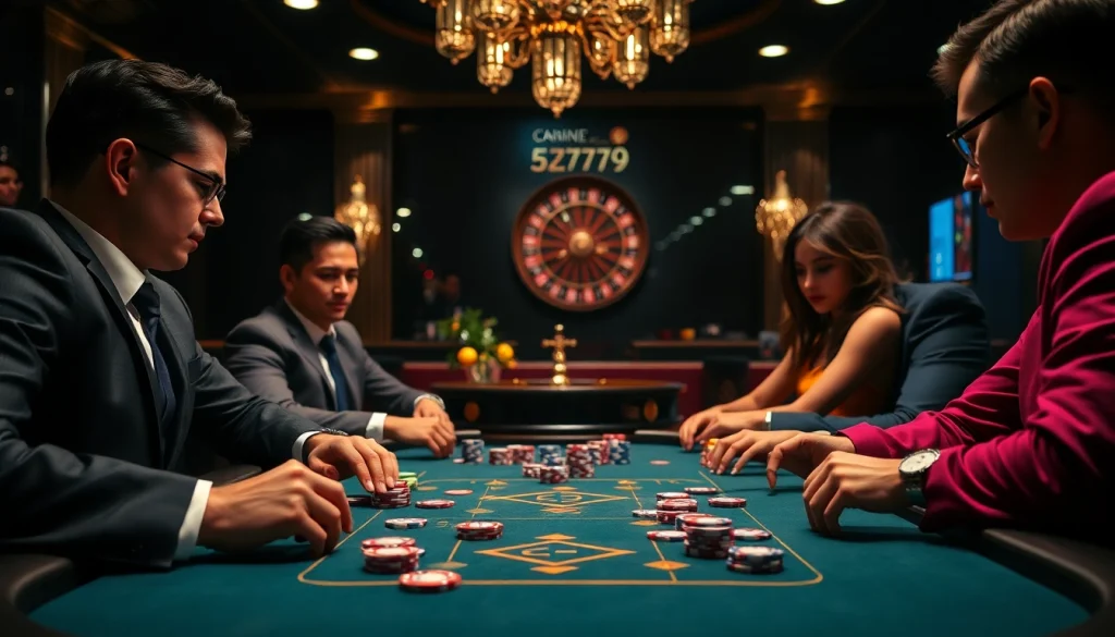 Experience the excitement of 5Z7779 at a vibrant poker table in a luxurious casino.