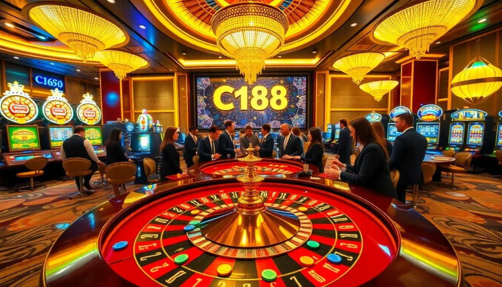 Experience C168's luxury gaming with roulette and engaged players in a glamorous casino.