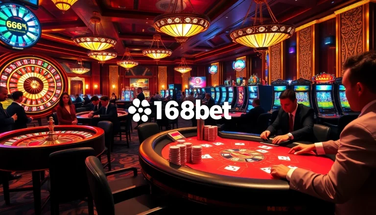 Experience the thrill of gambling at 166bet, showcasing poker tables and slot machines in a luxurious casino setting.