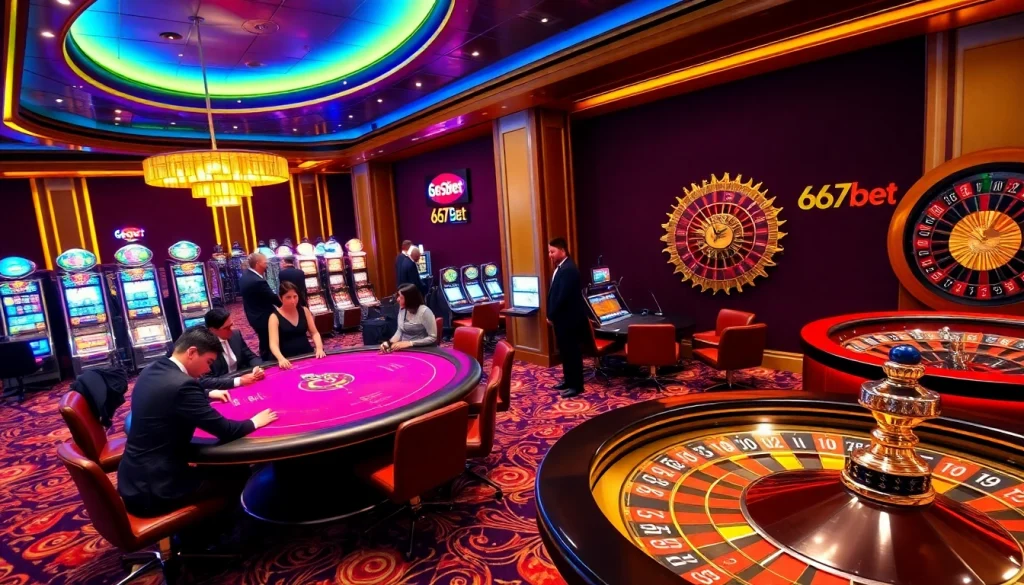 Engaged players at a vibrant 667bet poker table amidst an exciting casino atmosphere.
