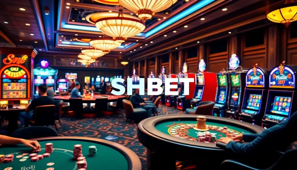 SHBET casino scene showcasing vibrant gaming atmosphere with poker and slot machines.