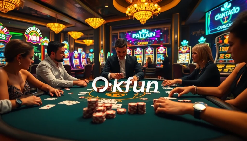 Experience high-stakes poker action at Okfun Casino with luxurious ambiance and vibrant gameplay.