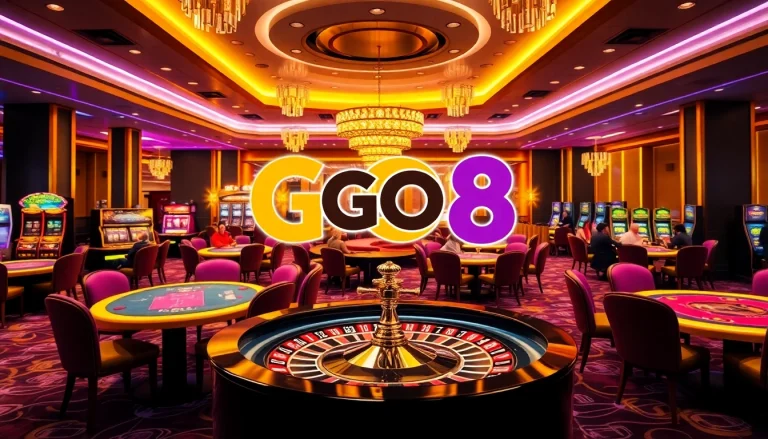 Intense action at the GO8 casino with vibrant slot machines and a roulette wheel.