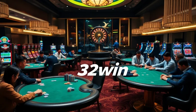 Players enjoying poker at a casino table with 32win branding, vibrant poker chips, and luxury ambiance.