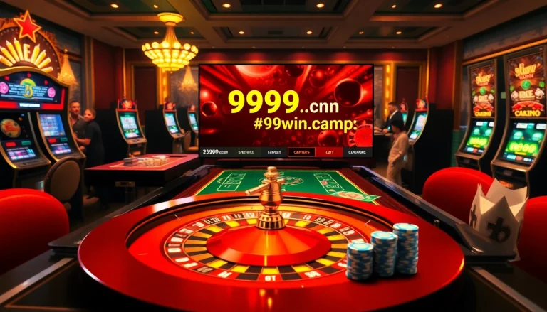Players enjoying live casino games at https://99win.camp/, featuring roulette and slot machines in an elegant setting.