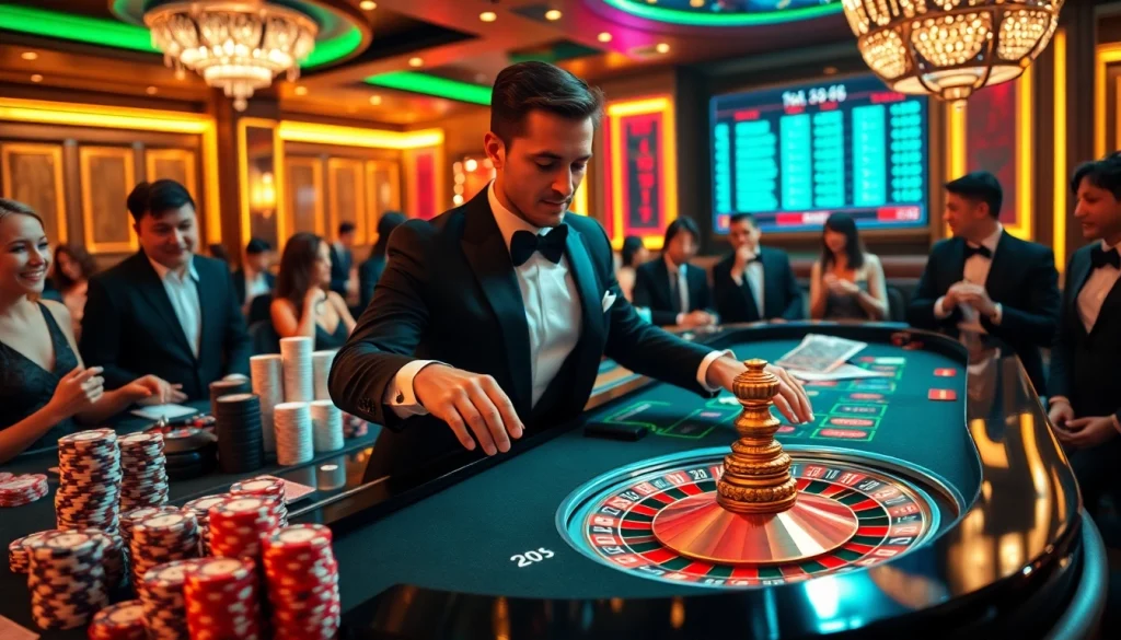 Players celebrate a thrilling win at RR88's elegant casino tables, featuring vibrant roulette games and colorful chips.