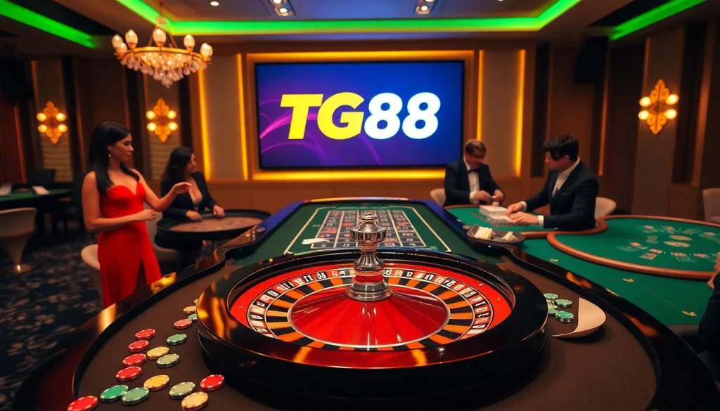 Players enjoying an exciting game at TG88 casino with vibrant roulette and sleek poker tables.
