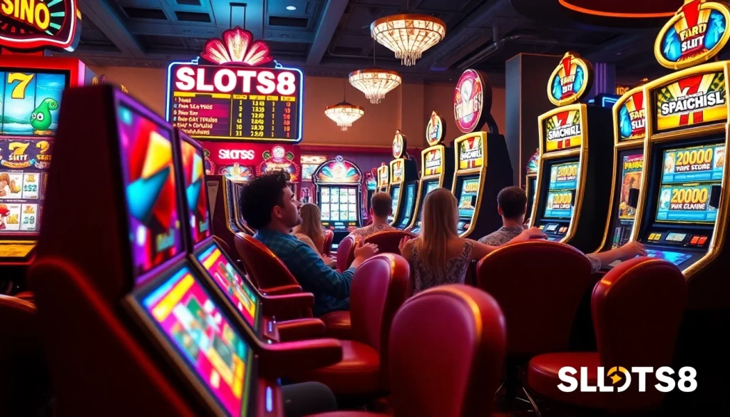 Gamblers celebrating their wins at SLOTS8 slot machines in a vibrant online casino atmosphere.