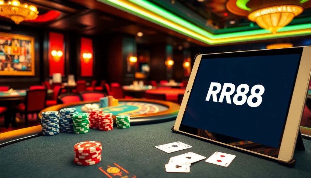 Experience the vibrant atmosphere of RR88, featuring lively casino tables and a digital gambling interface.